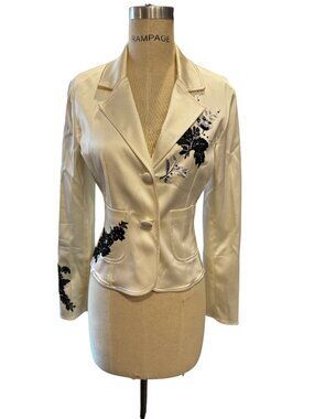 Adrianna Papell Satin Embroidered Blazer Ivory Black Beaded Evening Jacket 10